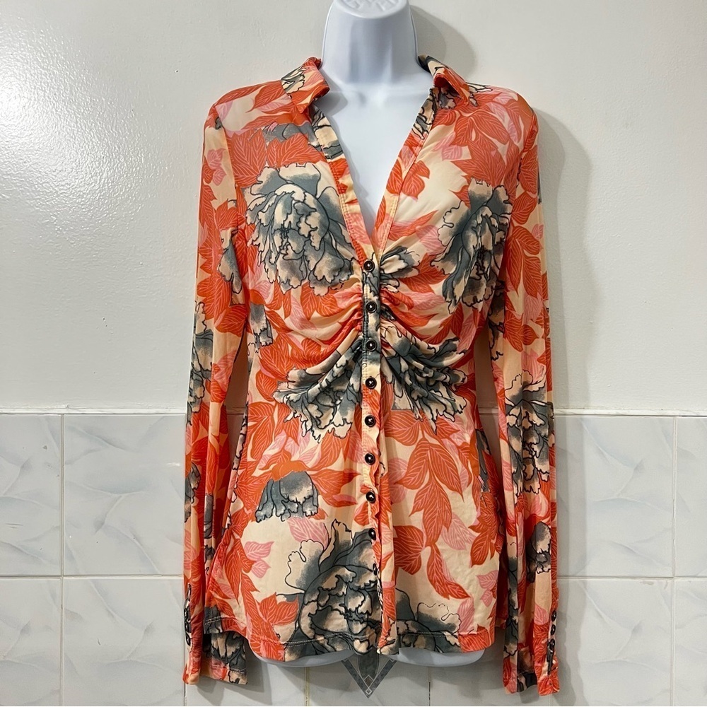 Free People Orange Floral Vintage Inspired Sheer Top Sze Small Boho Y2K Festival